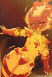  1girl absurdres chest_jewel colored_skin commentary cowboy_shot demon_horns elemental_(creature) fiery_hair fire_elemental flat_chest gem highres horns ifrit_(trickcal) legs_together looking_at_viewer navel open_mouth orange_eyes orange_skin prprbtt red_gem smile solo standing stomach thighs trickcal v-shaped_eyebrows 