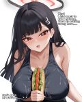  1girl absurdres alternate_costume black_hair black_sports_bra blue_archive breasts bright_pupils collarbone commentary english_commentary english_text eyelashes food hair_ornament halo highres holding holding_food large_breasts long_hair nau_aru open_mouth paid_reward_available red_eyes rio_(blue_archive) solo sports_bra sweat teeth upper_body upper_teeth_only very_sweaty white_background white_pupils 