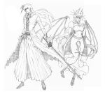  1boy 1girl absurdres alternate_hair_length_(longer) bankai bleach bleach:_brave_souls broken_mask demon_horns dragon_girl dragon_horns dragon_tail dragon_wings dress full_body fur-trimmed_collar fur_trim hair_between_eyes hakama highres holding holding_sword holding_weapon hole_in_chest hole_on_body horns inoue_orihime japanese_clothes juliet_sleeves kurosaki_ichigo kurosaki_ichigo_(brave_souls_2nd_anniversary) long_sleeves mask monochrome obi puffy_sleeves rakusakugk sash sword tail tensa_zangetsu_(bankai) waraji weapon wings zanpakutou 