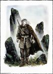  1boy absurdres artist_name boots brown_boots brown_cloak brown_pants cloak full_body geralt_of_rivia grass grey_hair headband highres leona-florianova long_hair looking_to_the_side male_focus pale_skin pants rock solo standing sword sword_on_back the_witcher_(series) weapon weapon_on_back white_hair yellow_eyes 