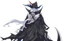  1boy absurdres anchor arknights black_cape black_hat cape cowboy_shot facing_away feathers hat hat_feather highres holding holding_weapon long_hair low_ponytail mirrorwu81568 ponytail red_feathers two-tone_hat ulpianus_(arknights) weapon white_background white_hair 
