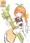  1girl ahoge bamboo black_collar blush breasts carrot collar commentary cross-shaped_pupils dress green_eyes green_streaks grin hair_ribbon holding kyarot_(trickcal) long_hair long_sleeves looking_at_viewer multicolored_hair orange_hair pupik reference_sheet ribbon smile solo streaked_hair symbol-shaped_pupils teeth trickcal untranslatable_commentary white_background white_dress 
