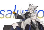  1boy 1girl absurdres alberto_saluzzo_(arknights) animal_ears arknights black_gloves closed_mouth coat facial_hair father_and_child father_and_daughter food fruit fur-trimmed_coat fur_trim gloves goatee grey_eyes grey_hair grin hair_between_eyes half-closed_eyes head_on_head head_rest highres holding holding_food holding_fruit lappland_(arknights) lappland_(refined_horrormare)_(arknights) long_hair looking_at_viewer muli_xiao_die mustache orange_(fruit) parent_and_child sharp_teeth short_hair smile teeth wolf_boy wolf_ears wolf_girl 