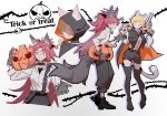  2girls animal_ears belt black_belt black_boots black_cloak black_pants black_shoes black_shorts blonde_hair boots cloak closed_mouth commentary cropped_torso drill_hair halloween highres holding holding_pumpkin hood hood_down hood_up jack-o'-lantern long_hair looking_at_another mahou_shoujo_madoka_magica mahou_shoujo_madoka_magica_(anime) multiple_girls multiple_views pants plant pumpkin red_hair sakura_kyoko shirt shoes shorts smile suspenders tail tomoe_mami trick_or_treat twin_drills vines white_background white_shirt winehusk 