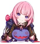  1girl absurdres black_gloves blue_coat blush closed_mouth coat commentary cosmos_(cos_mos_f) double_bun elbow_rest fingerless_gloves fingernails gloves hair_bun highres hood hooded_coat interlocked_fingers kaf_(kamitsubaki_studio) kamitsubaki_studio laplace_(kamitsubaki_studio) looking_at_viewer lying medium_hair nail_polish on_stomach own_hands_together pink_hair pink_nails pink_shoes purple_eyes purple_shoes red_pupils ringed_eyes shoes simple_background smile untranslatable_commentary virtual_youtuber white_background yellow_pupils 