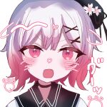  1girl animal_ears beret black_coat black_hat coat collared_coat commentary_request dog_ears drawn_ears drawn_whiskers fang flower gradient_hair hair_flower hair_ornament hat hat_flower hat_ribbon highres looking_at_viewer mahou_shoujo_no_majo_saiban multicolored_hair open_mouth pink_eyes pink_hair portrait ribbon sakuraba_ema short_hair simple_background solo white_background white_flower white_hair x_hair_ornament ycy00123 