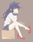  1girl :< akatsuki_(kancolle) anchor_symbol bare_legs blue_eyes blue_hair blue_hat blush brown_background character_name closed_mouth commentary_request elbow_rest flat_cap hat head_rest high_heels kantai_collection long_hair long_sleeves red_shoes sailor_collar school_uniform serafuku shoe_dangle shoes simple_background sitting skirt solo zizi_(zizioxo) 