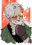  000gogo51 1boy beard beard_over_mouth character_request check_character commentary_request cropped_torso facial_hair full_beard green_jacket head_tilt identity_v jacket male_focus mature_male old old_man orange-tinted_eyewear partially_opaque_sunglasses percy_(identity_v) round_eyewear solo stroking_beard thick_beard thick_eyebrows tinted_eyewear white_hair 