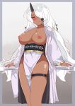  1girl absurdres arm_support aya_(trickcal) blush breasts butterfly_hair_ornament closed_mouth commentary_request dark-skinned_female dark_skin gradient_background grey_background hair_ornament hair_over_one_eye highres horns japanese_clothes kimono korean_commentary large_breasts long_hair long_sleeves looking_at_viewer low_twintails nipples obi obijime open_clothes open_kimono pelvic_curtain prprbtt sash single_horn smile solo standing swept_bangs thigh_strap thighs trickcal twintails very_long_hair white_hair white_kimono wide_sleeves yellow_eyes 