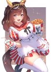  1girl animal_ears apron blush braid breasts brown_hair bucket_of_chicken buena_vista_(umamusume) checkered_hairband chicken_(food) commentary_request cup disposable_cup dress ear_covers employee_uniform fast_food fast_food_uniform food fried_chicken hair_between_eyes hair_ornament hairband highres holding holding_cup horse_ears horse_girl horse_tail kfc looking_at_viewer medium_breasts medium_hair official_alternate_costume open_mouth purple_eyes red_dress short_sleeves smile solo striped_clothes striped_dress tail thighhighs umamusume vertical-striped_clothes vertical-striped_dress white_apron white_thighhighs white_wrist_cuffs wrist_cuffs yuutopia 