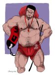  1boy absurdres alternate_costume bara belly black_hair blind bulge burning_nipple cheekbones commentary crossed_legs english_commentary facial_hair fujitora_(one_piece) goatee hairy hat_on_back highres large_pectorals lifeguard male_focus male_swimwear mature_male muscular muscular_male navel navel_hair nipples old old_man one_piece pectorals plump red_male_swimwear scar scar_across_eye scar_on_face short_hair solo sparse_chest_hair sparse_leg_hair standing stomach strongman_waist thick_arm_hair thick_navel_hair thighs topless_male whistle whistle_around_neck wrinkled_skin 