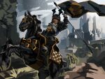  1boy armor black_armor black_helmet black_horse castle commentary english_commentary flag helmet highres holding holding_flag horse horseback_riding mischief-fi riding solo the_witcher_(series) the_witcher_3 winged_helmet 