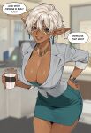  1girl absurdres belt blue_eyes blurry blurry_background bracelet breasts cleavage collarbone commentary cup dark-skinned_female dark_elf dark_skin disposable_coffee_cup disposable_cup earrings elf english_commentary english_text facepaint fingernails green_belt green_skirt grey_jacket grin hand_on_own_hip highres holding holding_cup indoors jacket jewelry large_breasts leaning_forward lips long_pointy_ears necklace office_lady original pencil_skirt pointy_ears rune_(yllande) short_hair skirt sleeves_rolled_up smile solo speech_bubble taut_clothes taut_skirt watch white_hair wristwatch yllande 