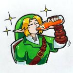  1boy blonde_hair bottle brown_gloves closed_eyes commentary cropped_arm cropped_torso drink drinking eyelashes fingerless_gloves gloves green_hat green_tunic hat highres holding holding_bottle holding_drink layered_sleeves link long_sleeves male_focus motion_lines mr_ctm pointy_ears short_over_long_sleeves short_sleeves simple_background soda soda_bottle solo the_legend_of_zelda the_legend_of_zelda:_ocarina_of_time traditional_media tunic untranslatable_commentary white_background 