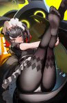  1girl bangboo_(zenless_zone_zero) black_hair black_pantyhose blush colored_inner_hair commentary_request ellen_joe eous_(zenless_zone_zero) feet fins fish_tail foot_focus hair_ornament hairband highres kaeru_mikan legs_up lying maid maid_headdress metal_hairband multicolored_hair on_back pantyhose razor_blade_hair_ornament red_eyes red_hair shark_girl shark_tail short_hair soles solo_focus spiked_headband tail toes two-tone_hair zenless_zone_zero 