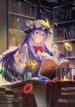  1girl book book_stack bookshelf bow bowtie capelet chinese_commentary commentary_request commission crescent crescent_hat_ornament crystal dress falling_petals flask flower flower_request goggles hair_bow hat hat_ornament highres holding holding_test_tube long_hair mob_cap open_book patchouli_knowledge petals pink_petals purple_eyes purple_hair red_bow red_bowtie round-bottom_flask second-party_source solo striped_clothes striped_dress tabayashi test_tube test_tube_rack touhou vertical-striped_clothes vertical-striped_dress very_long_hair white_capelet white_dress white_hat yellow_flower 