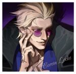  1boy absurdres adjusting_eyewear blackrosef13632 blonde_hair blue_eyes blue_shirt collar commentary_request ear_piercing glasses highres league_of_legends lips locke_(league) male_focus piercing purple-tinted_eyewear round_eyewear shirt signature simple_background smile solo tattoo tinted_eyewear 