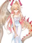  1girl bare_shoulders blonde_hair blush choker collarbone colored_inner_hair commentary_request dragon_girl dragon_horns dragon_tail dragon_wings dress facial_mark feet_out_of_frame hand_on_own_knee highres horns long_dress lumiore_(shadowverse) multicolored_hair red_hair red_horns scales shadowverse shadowverse:_worlds_beyond single_wing sleeveless sleeveless_dress slit_pupils solo tail white_background white_choker white_dress wings yahan_(mctr5253) yellow_eyes 