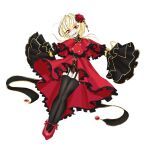  1girl bad_4chan_link bad_link black_thighhighs blonde_hair capelet drawfag dress evil_grin evil_smile fangs flower frilled_capelet frilled_dress frills full_body garter_straps gem grin hair_flower hair_ornament highres jellyfish_cut layered_sleeves long_sleeves original red_capelet red_dress red_eyes red_flower red_gem red_rose red_shoes rose shoes simple_background sketch sleeves_past_fingers sleeves_past_wrists smile solo thighhighs vampire white_background wide_sleeves yellow_trim 