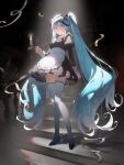  1girl absurdres apron aqua_eyes aqua_hair aqua_necktie black_dress black_sleeves candle commentary_request dark dark_background dress enmaided floating_ribbon frills full_body hair_ornament hatsune_miku highres holding indoors long_hair looking_at_viewer maid maid_apron maid_headdress necktie railing skirt solo spotlight stairs thighhighs twintails user_hdxp2444 very_long_hair vocaloid waist_apron white_apron white_thighhighs 