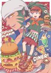  2boys alternate_costume animal_ears bandana burger character_name commentary_request donut fingerless_gloves fire_emblem fire_emblem:_path_of_radiance food gloves green_hair highres holding holding_menu holding_plate long_hair male_focus menu milkshake mofuko muarim_(fire_emblem) multiple_boys navel onion_rings open_mouth plate red_eyes red_hair roller_skates short_hair shorts skates teeth tormod_(fire_emblem) upper_teeth_only visor_cap yellow_eyes 