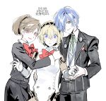  1boy 2girls absurdres aigis_(persona) android bisexual_female black_jacket black_pants black_skirt blonde_hair blue_eyes blue_hair bow bowtie boy_and_girl_sandwich brown_hair gekkoukan_high_school_uniform hair_between_eyes hair_over_one_eye hetero highres jacket korean_text light_blush multiple_girls open_mouth pants persona persona_3 persona_3_portable ponytail red_bow red_bowtie red_eyes robot_girl sandwiched school_uniform shiomi_kotone shirt short_hair skirt sris2 sweat translated white_shirt yuuki_makoto_(persona_3) 