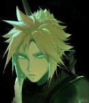  1boy armor black_background blonde_hair blue_eyes buster_sword closed_mouth cloud_strife commentary final_fantasy final_fantasy_vii final_fantasy_vii_remake highres looking_at_viewer male_focus short_hair shoulder_armor single_bare_shoulder sleeveless sleeveless_sweater sleeveless_turtleneck solo spiked_hair sweater sword sword_on_back turtleneck turtleneck_sweater twitter_username upper_body weapon weapon_on_back zubi_(zewbee) 