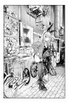  1girl air_conditioner alley animal_ear_hairband animal_ears asobimono_ky7 bicycle black_leotard border breasts cleavage commentary_request fake_animal_ears greyscale hairband highres jacket leotard looking_at_viewer monochrome original playboy_bunny rabbit_ear_hairband rabbit_ears rabbit_tail shoes solo strapless strapless_leotard tail thighhighs thighs white_border 