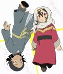  1boy 1girl black_hair blush brown_shoes commentary_request constricted_pupils curly_hair dress green_eyes highres hijab iranian_clothes multicolored_eyes piyo_egg red_dress red_eyes sanpaku shira_(tenmaku_no_jaadugar) shoes sitara tenmaku_no_jaadugar two-tone_eyes white_background white_hijab 