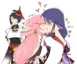  3girls animal_ears averting_eyes black_hair blush bridal_gauntlets closed_eyes commentary english_commentary fox_ears french_kiss genshin_impact hand_in_another's_hair heart kiss kujou_sara long_hair multiple_girls paulie_fishballs pink_hair purple_hair purple_nails raiden_shogun shirt short_hair simple_background white_background white_shirt yae_miko yellow_eyes yuri 