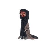  1boy alien black_cloak black_hood black_skin brown_eyes chibi cloak colored_skin commentary_request darth_maul full_body hood hooded_cloak horns multicolored_skin red_skin ryuon_00 simple_background solo star_wars two-tone_skin white_background zabrak 