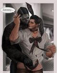  2boys alternate_costume animal_ears ass_lift bara beard beard_stubble black_gloves black_hair black_thighhighs call_of_duty call_of_duty:_modern_warfare_2 collared_shirt commentary connected_beard cosmetics couple cowboy_shot crossdressing english_text facial_hair fake_animal_ears foreplay ghost_(modern_warfare_2) gloves groping hand_in_another's_panties hand_on_another's_crotch highres holding holding_lipstick_tube large_pectorals light_smile lipstick_mark lipstick_mark_on_face lipstick_tube looking_back luanhi3 male_focus male_playboy_bunny mature_male multiple_boys muscular muscular_male neck_ribbon one_ear_down panties pants pectoral_cleavage pectorals rabbit_ears red_lips ribbon shirt soap_(modern_warfare_2) sparse_arm_hair sparse_chest_hair standing stubble thick_eyebrows thighhighs undercut underwear undoing_own_necktie undone_neck_ribbon undressing untranslatable_commentary yaoi 