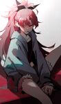  1girl annoyed black_boots black_shirt black_shorts blue_sweater boots bow commentary eyes_visible_through_hair food food_in_mouth hair_bow highres jewelry light_particles looking_to_the_side mahou_shoujo_madoka_magica mahou_shoujo_madoka_magica_(anime) midriff own_hands_together parted_lips pocky pocky_in_mouth ponytail red_eyes red_hair ring sakura_kyoko shirt shorts sidelighting sitting solo sweater winehusk 