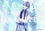 1boy alternate_costume blue_eyes blue_gem blue_hair blue_shirt blue_streaks closed_mouth commentary_request copyright_notice cowboy_shot crossed_arms cuff_links curtains day earrings en_(enxxx) eyeshadow gem gold_choker grey_hair groom hair_behind_ear hair_between_eyes jacket jewelry koyanagi_rou lapels light_particles long_sleeves looking_at_viewer makeup male_focus multicolored_eyes multicolored_hair nail_polish necktie nijisanji official_alternate_costume official_art open_clothes open_jacket pants patterned_clothing pillar pocket_square sample_watermark see-through_curtains shawl_lapels shirt short_hair smile solo standing streaked_hair suit suit_jacket tree two-tone_eyes two-tone_hair virtual_youtuber watermark white_jacket white_nails white_necktie white_pants white_suit wind wingtip_collar yellow_eyes yellow_eyeshadow 