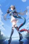 1girl absurdres arknights arknights:_endfield black_hair blue_gloves blue_horns blue_jacket blue_tail boots chen_qianyu_(arknights) commentary_request dragon_girl dragon_horns dragon_tail eastern_dragon_horns eastern_dragon_tail from_below full_body gloves high_heel_boots high_heels highres horizon horns jacket leb_(pixiv_127130584) long_hair long_sleeves looking_at_viewer multicolored_tail open_clothes ruins scales skirt sky smile solo tail thigh_boots twintails two-sided_gloves white_skirt 