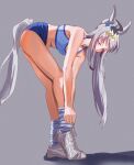  1girl absurdres ahoge animal_ears bare_shoulders bent_over blue_buruma blue_eyes blue_sports_bra breasts buruma commentary_request dog_for_amami ear_ornament full_body grey_hair grey_tail hair_between_eyes hair_ornament highres horse_ears horse_girl horse_tail korean_commentary long_hair looking_at_viewer medium_breasts midriff multicolored_hair navel oguri_cap_(umamusume) ponytail shoes simple_background socks solo sports_bra tail tying_footwear umamusume 