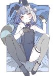  1girl ahoge animal_ears bare_shoulders black_shoes blue_bow blue_bowtie blue_hair blue_leotard blue_tail bow bowtie breasts chromashift colored_skin commentary detached_collar hair_bun hair_ornament hairclip hand_on_own_chest heart heart_ahoge highres leaf_hair_ornament legs_up leotard light_frown looking_at_viewer lying multiple_hairclips on_back osanai_sanday playboy_bunny poko_rakun raccoon_ears raccoon_girl raccoon_tail shoes single_side_bun single_thighhigh small_breasts solo striped_tail tail thigh_strap thighhighs virtual_youtuber white_skin wrist_cuffs yellow_eyes 