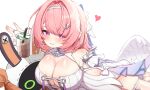  1girl bangboo_(zenless_zone_zero) breasts bubble_tea cleavage commentary cup detached_sleeves disposable_cup dress eous_(zenless_zone_zero) hair_intakes highres large_breasts looking_at_viewer medium_hair mole mole_on_breast omu_(omu2627) pink_hair purple_eyes remielle_dan simple_background smile untranslatable_commentary white_background white_dress white_wings wings zenless_zone_zero 