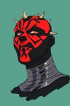  1boy alien aqua_background black_skin colored_skin commentary_request darth_maul horns multicolored_skin portrait red_skin ryuon_00 simple_background solo star_wars two-tone_skin yellow_background 