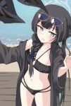  16ochz 1girl adjusting_eyewear bikini black_bikini black_hair black_robe blue_archive braid braid_over_shoulder butterfly_hair_ornament cleavage_cutout clothing_cutout commentary_request day flat_chest food grey_eyes grey_halo hair_ornament halo highres kisaki_(blue_archive) kisaki_(swimsuit)_(blue_archive) long_hair looking_at_viewer navel ocean official_alternate_costume official_alternate_hairstyle open_mouth outdoors popsicle purple-tinted_eyewear robe side_braid single_off_shoulder solo sunglasses swimsuit tinted_eyewear upper_body very_long_hair water 