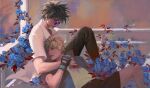  2boys absurdres amano_ginji black_hair blonde_hair blood blood_on_clothes blue_flower blue_rose closed_mouth collared_shirt commentary_request feet_out_of_frame fingerless_gloves flower getbackers gloves hand_on_another's_head highres injury lying lying_on_person male_focus midou_ban multiple_boys on_back pants parted_lips rose shirt short_hair shorts sitting white_shirt zoeeee 