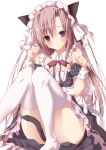  1girl absurdres animal_ears apron back_bow bare_shoulders black_dress blush bow bowtie cat_ears cat_tail closed_mouth commentary convenient_leg detached_sleeves dress eyes_visible_through_hair foot_out_of_frame frilled_apron frilled_dress frills hair_between_eyes hair_bow hands_up highres himawari_no_kyoukai_to_nagai_natsuyasumi kemonomimi_mode knees_together_feet_apart knees_up lace-trimmed_bow lace_trim legs long_hair looking_at_viewer maid maid_apron maid_headdress natsusaki_yomi no_shoes paw_pose pink_hair purple_eyes red_bow red_bowtie sabata_yoshi shiny_skin short_dress sidelocks simple_background smile solo split_mouth tail thighhighs thighs upskirt very_long_hair white_apron white_background white_bow white_thighhighs white_wrist_cuffs wrist_cuffs 