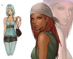  2girls aqua_hair aqua_shirt bag bandana black_skirt bleerghw blouse blue_pantyhose breasts character_name commentary dark-skinned_female dark_skin denim denim_skirt earrings english_commentary fuu_(naruto) green_tank_top handbag highres jewelry karui_(naruto) long_hair medium_breasts medium_hair miniskirt multiple_girls multiple_necklaces naruto_(series) naruto_shippuuden necklace orange_eyes pantyhose red_hair shirt skirt small_breasts smile tank_top white_bandana 