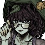  1girl animal_ears bright_pupils brown_eyes brown_hair commentary futatsuiwa_mamizou hair_ornament highres holding holding_removed_eyewear leaf leaf_hair_ornament leaf_on_head looking_at_viewer raccoon_ears semi-rimless_eyewear simple_background solo tongue tongue_out touhou umbrie unworn_eyewear white_background white_pupils 