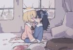  2girls axolotl black_ribbon blue_eyes blue_pajamas blush bow closed_eyes collared_shirt commentary_request food food_on_head fried_egg from_side glasses hair_bow highres holding_hands imminent_kiss interlocked_fingers kneeling long_hair long_sleeves looking_at_another medium_hair multiple_girls mushroom neck_ribbon object_on_head pajamas pants pink_pajamas pink_pants pink_shorts red-framed_eyewear ribbon shimeji_simulation shirt shorts stuffed_animal stuffed_shrimp stuffed_toy tetrapod tsukishima_shijima twintails yamashita_majime yeolomang yuri 