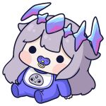  1girl aged_down baby bib blush_stickers chibi chibi_only commentary double-parted_bangs gem gem_hair_ornament grey_hair hair_flaps hololive hololive_english koseki_bijou long_hair no_nose onesie outline pacifier pebble_(koseki_bijou) phdpigeon sitting solid_circle_eyes solo transparent_background untranslatable_commentary very_long_hair virtual_youtuber white_outline 