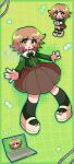  1boy alter_ego_(danganronpa) artist_name blonde_hair brown_skirt cable commentary computer crossdressing crossdressing_(mtf) danganronpa:_trigger_happy_havoc danganronpa_(series) fujisaki_chihiro green_jacket green_theme grid_background inky_trash jacket laptop male_focus multiple_views skirt smile solo trap yellow_eyes 