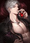  1boy abs absurdres black_shirt bottle collared_shirt debbie_(debbielu9972) english_commentary grey_hair highres holding holding_bottle jewelry looking_at_viewer love_and_deepspace male_focus necklace official_alternate_costume open_clothes open_shirt parted_bangs parted_lips red_eyes shirt short_hair slit_pupils solo sylus_(love_and_deepspace) sylus_(night_of_secrecy)_(love_and_deepspace) upper_body wet wing_collar 