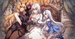  3girls baby baobhan_sith_(fate) barghest_(fate) barghest_(second_ascension)_(fate) bed black_dress black_gloves blonde_hair blue_dress blue_eyes breasts brown_pantyhose cheek_poking cleavage commentary dress fate/grand_order fate_(series) gloves green_eyes grey_hair heterochromia highres lankuchashuangjielong long_hair melusine_(fate) melusine_(second_ascension)_(fate) morgan_le_fay_(fate) mother_and_child mother_and_daughter multiple_girls pantyhose parent_and_child poking red_eyes red_hair smile thighhighs under_covers white_thighhighs yellow_eyes 