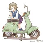  1girl arm_rest blue_socks blue_vest brown_hair collared_shirt commentary_request dated elbow_rest gingham_clothes gingham_skirt glasses green_shoes hair_ornament hairclip hand_up kickstand leaning_forward looking_at_viewer motor_vehicle open_mouth original pleated_skirt purple_skirt salute scooter sekihan shirt shoes signature simple_background skirt smile socks solo standing two-finger_salute vehicle_name vespa vest white_background white_shirt 